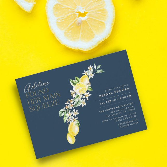 Lemon Citrus Main Squeeze Blue Bridal Shower Invitation (Creator Uploaded)