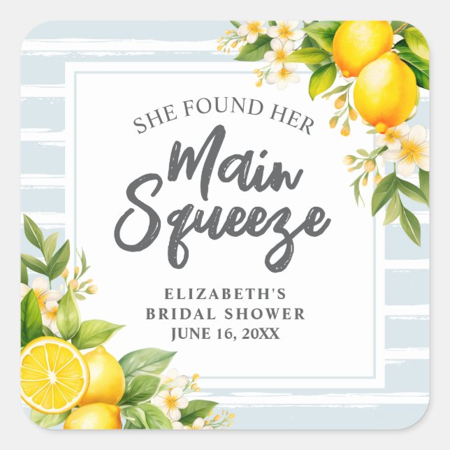 Lemon Citrus Main Squeeze Bridal Shower Square Sticker (Front)