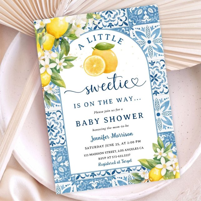 Lemon Citrus Mediterranean Baby Shower Blue Tiles Invitation (Creator Uploaded)