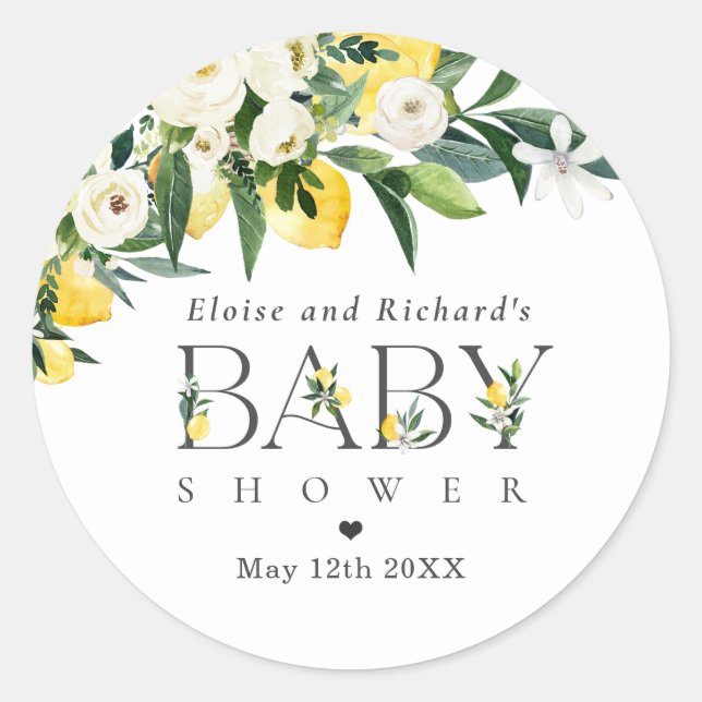 Lemon Citrus Mediterranean Baby Shower Favour Classic Round Sticker (Front)