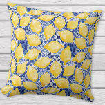 Lemon Citrus Mediterranean Blue White Tile Pattern Cushion<br><div class="desc">Pretty yellow watercolor citrus lemons on an indigo blue and white tile pattern.  Fresh and summery to brighten up your home.  Original art by Nic Squirrell.</div>