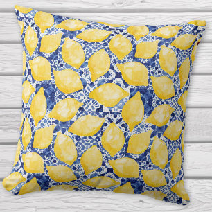 Lemon Citrus Mediterranean Blue White Tile Pattern Cushion