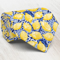 Lemon Citrus Mediterranean Blue White Tile Pattern