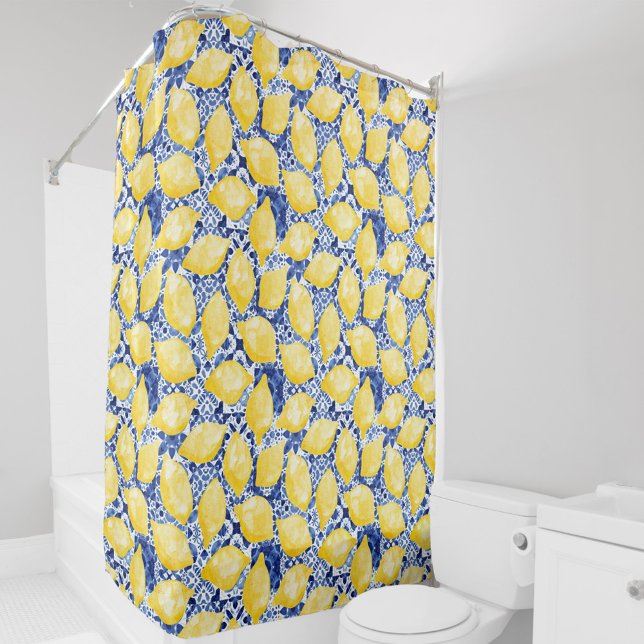 Lemon Citrus Mediterranean Blue White Tile Shower Curtain (Yellow citrus watercolor lemons on a blue and white Mediterranean tile pattern shower curtain)