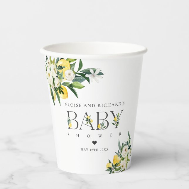 Lemon Citrus Mediterranean Botanical Baby Shower Paper Cups (Front)