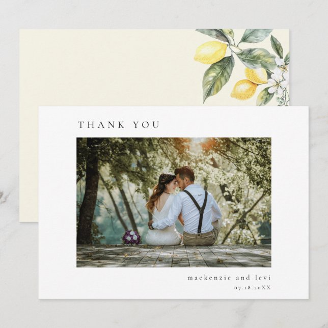 Lemon Citrus Minimal Simple Elegant Wedding Photo Thank You Card (Front/Back)