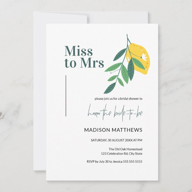 Lemon Citrus Miss to Mrs Summer Bridal Shower  Invitation (Front)