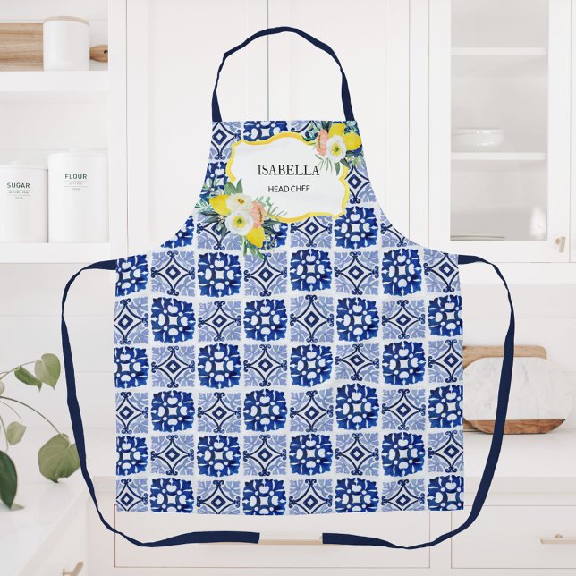 Lemon Citrus Navy Blue Italian Mediterranean Apron (In situ)