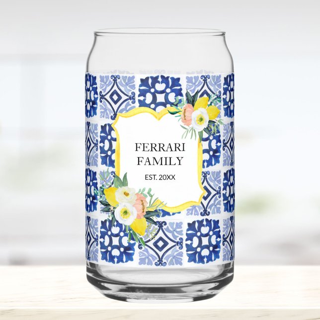 Lemon Citrus Navy Blue Italian Mediterranean Can Glass (In situ)