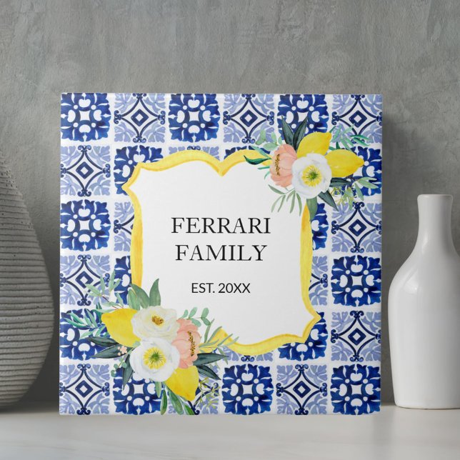 Lemon Citrus Navy Blue Italian Mediterranean Ceramic Tile (In situ)