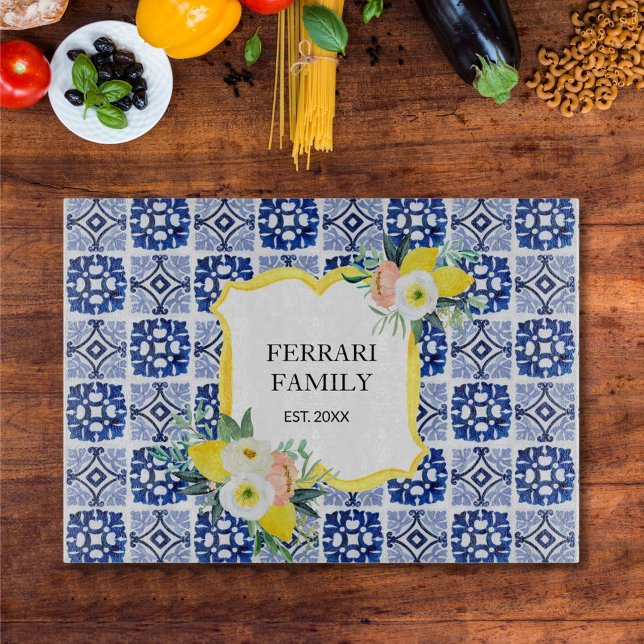 Lemon Citrus Navy Blue Italian Mediterranean Cutting Board (In situ)