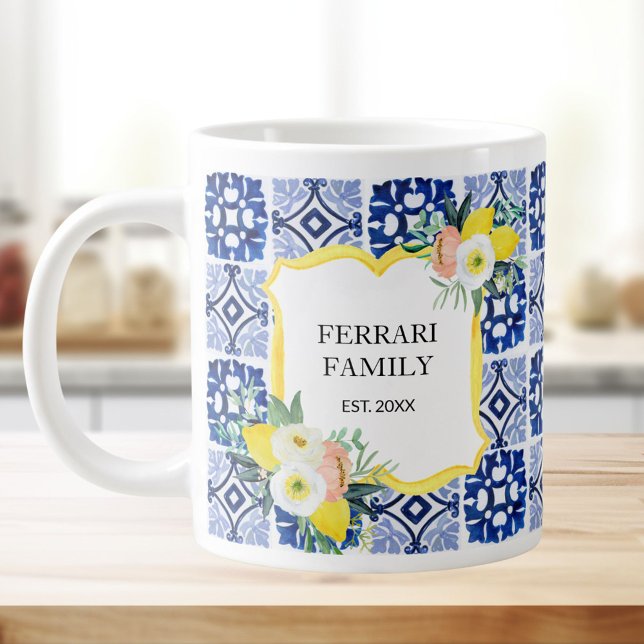 Lemon Citrus Navy Blue Italian Mediterranean Large Coffee Mug (In situ)