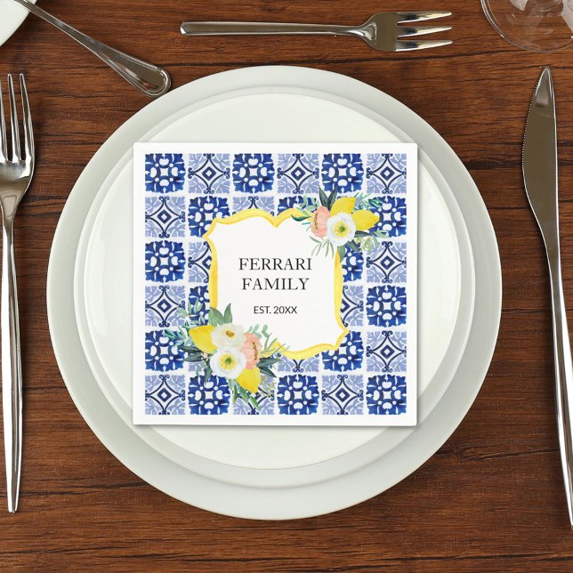 Lemon Citrus Navy Blue Italian Mediterranean Napkin (In situ)