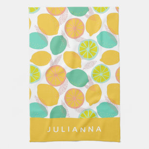 Lemon Citrus Pattern in Teal Yellow Personalised  Tea Towel