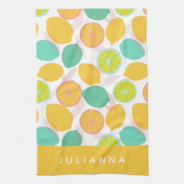 Lemon Citrus Pattern in Teal Yellow Personalised  Tea Towel (Vertical)