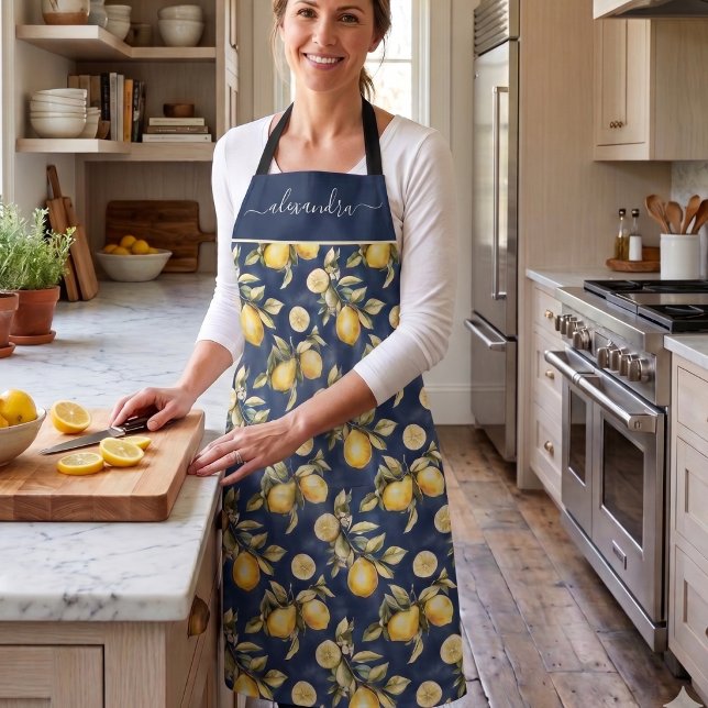 Lemon Citrus Pattern Monogram Name  Apron (Creator Uploaded)