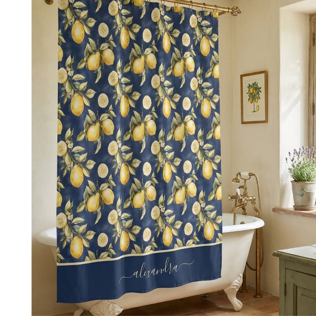 Lemon Citrus Pattern Monogram Name  Shower Curtain (Creator Uploaded)