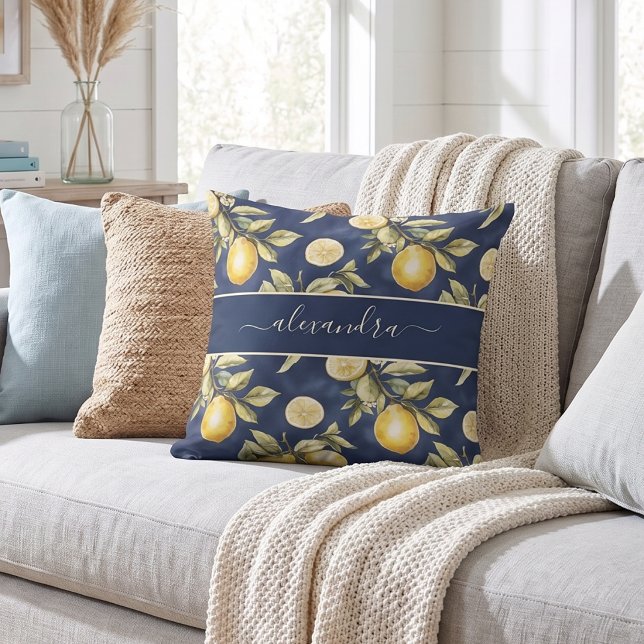 Lemon Citrus Pattern Monogram Name Throw Pillow (Creator Uploaded)