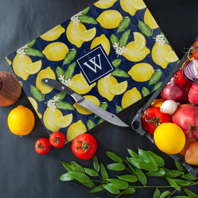 Lemon Citrus Pattern Monogram Navy Blue Cutting Board (Creator Uploaded)