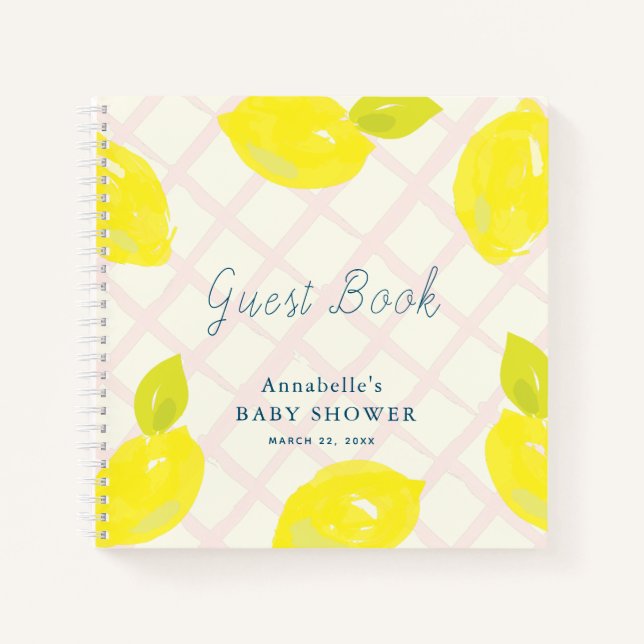 Lemon Citrus Pink Check Baby Shower Guest Book (Front)