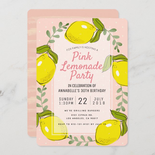 Lemon Citrus Pink Lemonade Party Invitation (Front/Back)