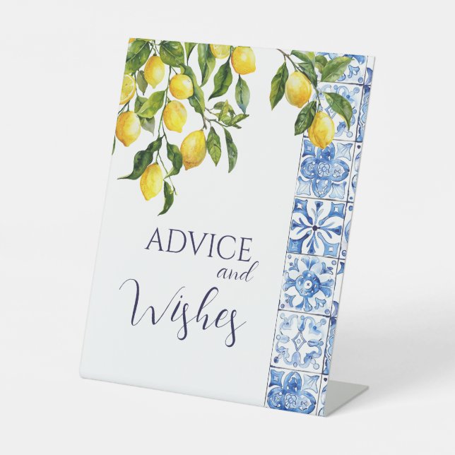 Lemon Citrus Positano Blue Tiles Advice Wishes Pedestal Sign (Front)