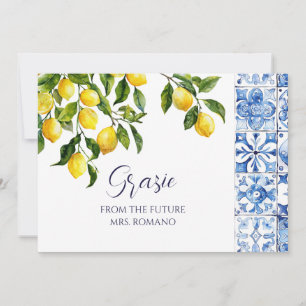 Lemon Citrus Positano Blue Tiles Bridal Shower  Thank You Card