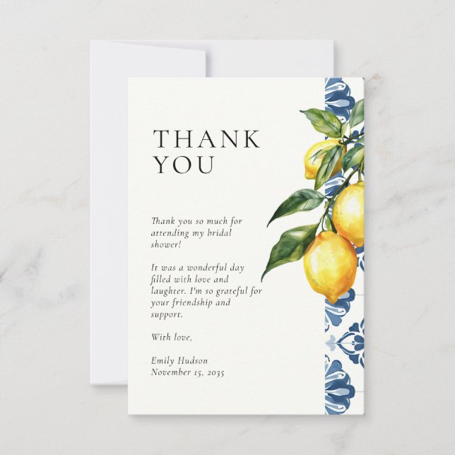 Lemon Citrus Positano Italian Bridal Shower Thank You Card (Front)