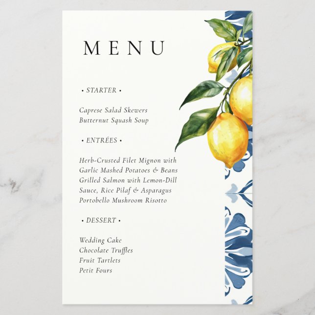 Lemon Citrus Positano Italian Wedding Menu (Front)
