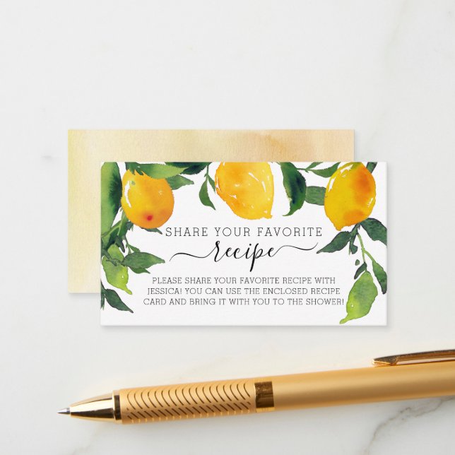 Lemon Citrus Share a Recipe Bridal Shower Enclosure Card (Front/Back In Situ)