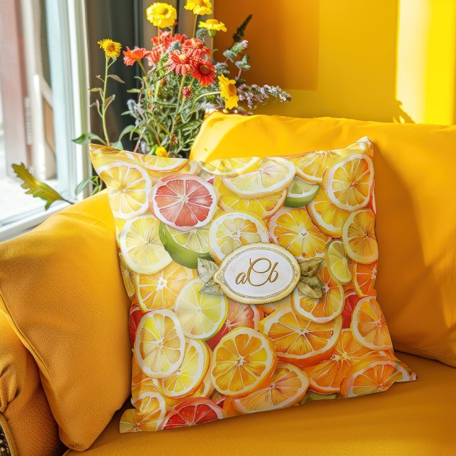 Lemon Citrus Slices Pillow with Custom Monogram (Creator Uploaded)
