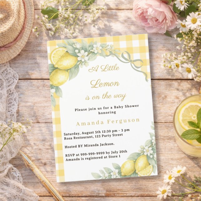 Lemon citrus summer gingham bow Baby Shower Invitation (Creator Uploaded)