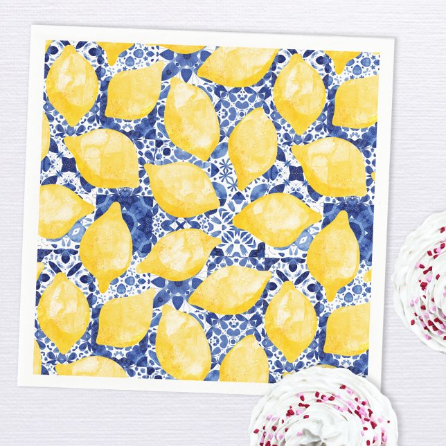 Lemon Citrus Watercolor Blue Mediterranean Tile Napkin (Watercolor lemons on a blue and white Mediterranean tile background patterned party paper napkins)