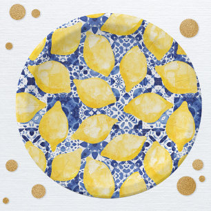 Lemon Citrus Watercolor Blue Mediterranean Tile Paper Plate