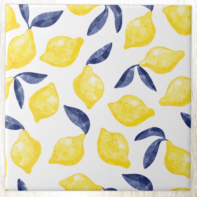 Lemon Citrus Watercolor Mediterranean Ceramic Tile (Modern citrus lemon watercolor pattern decorative ceramic tile)