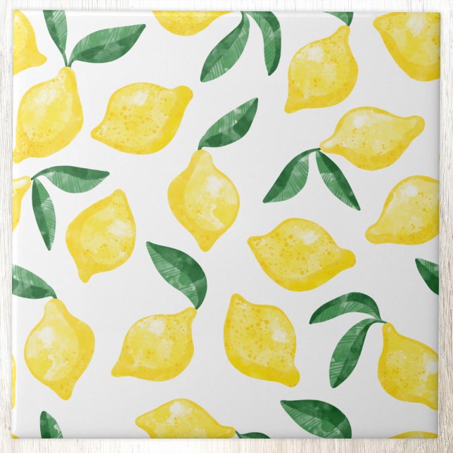 Lemon Citrus Watercolor Mediterranean Ceramic Tile (Modern citrus lemon watercolor pattern decorative ceramic tile)