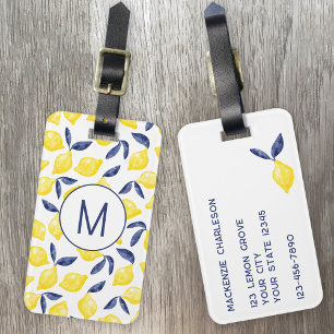 Lemon Citrus Watercolor Monogram Personalised Luggage Tag