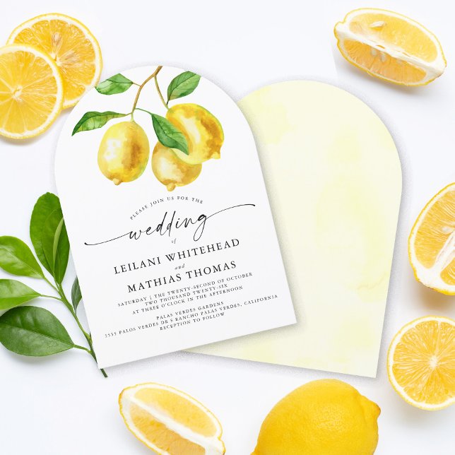 Lemon Citrus Watercolor Wedding Invitation (This absolutely beautiful citrus-themed design features a watercolor lemon branch at the top. )