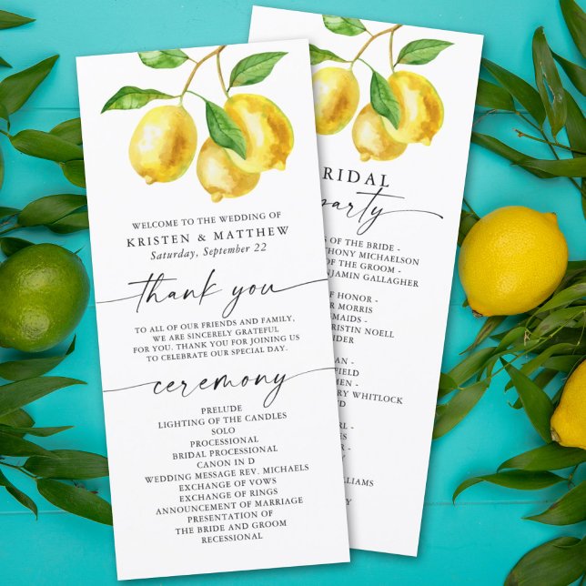 Lemon Citrus Watercolor Wedding Program (A refreshing and fun way to guide your guests through your special day with a touch of citrus lemon.)