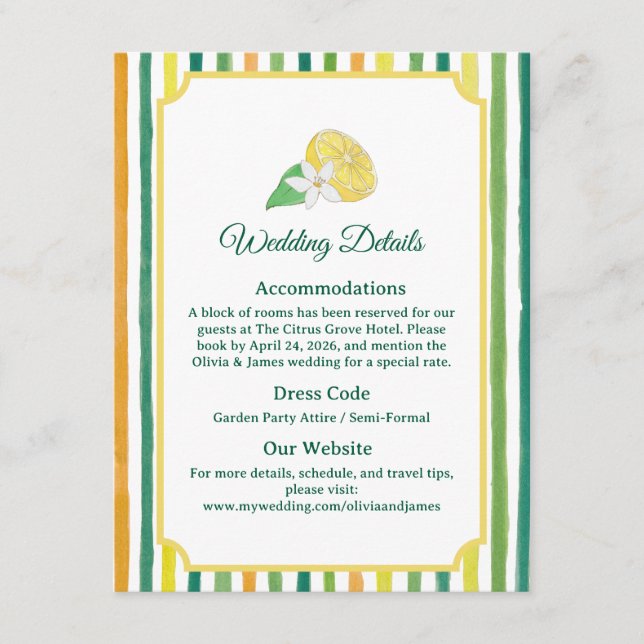 Lemon Citrus Wedding Details Enclosure Card (Front)