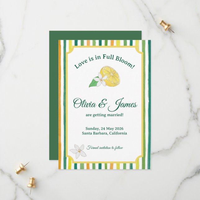 Lemon Citrus Wedding Save the Date Card (Front/Back In Situ)