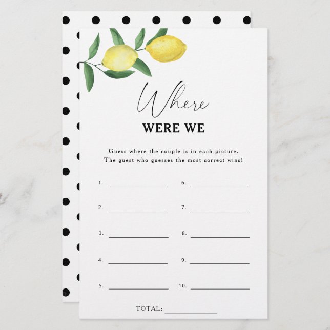 Lemon Citrus - Where were we bridal shower game (Front/Back)