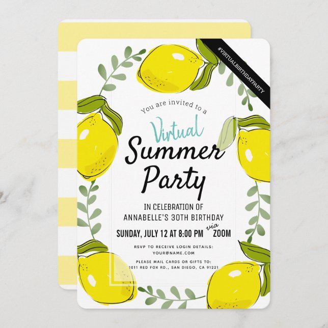 Lemon Citrus White Summer Adult Virtual Birthday Invitation (Front/Back)