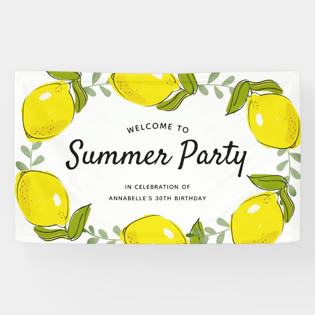 Lemon Citrus White Summer Party Birthday Banner (Horizontal)