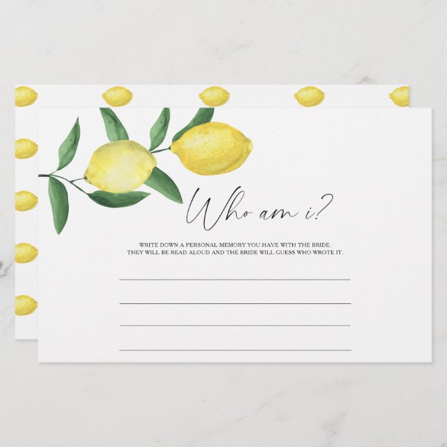 Lemon Citrus - Who am I bridal shower game Stationery (Front/Back)