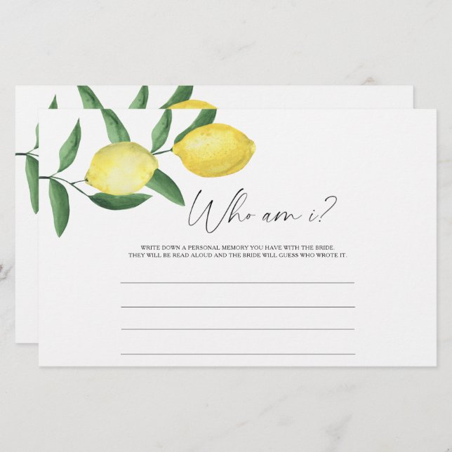 Lemon Citrus - Who am I bridal shower game Stationery (Front/Back)