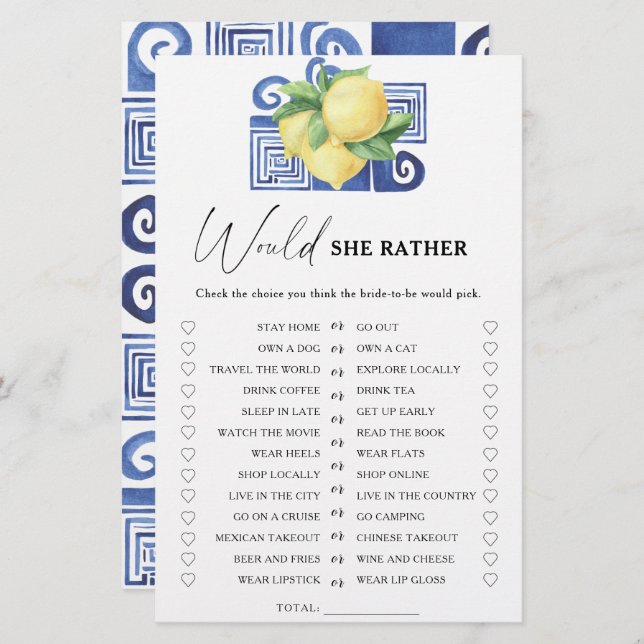 Lemon Citrus - Would she rather bridal shower game (Front/Back)