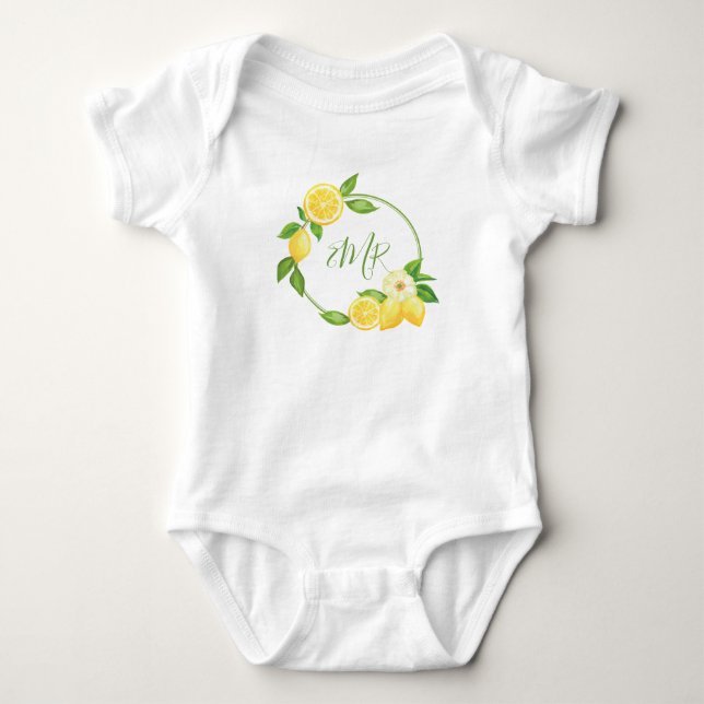 Lemon Citrus Wreath Baby Shower Gift Monogram Bodysuit (Front)