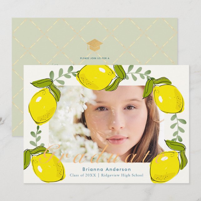 Lemon Citrus Wreath Photo Graduation Invitation (Front/Back)