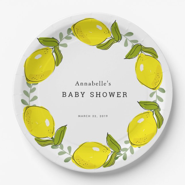 Lemon Citrus Wreath White Baby Shower Paper Plate (Front)